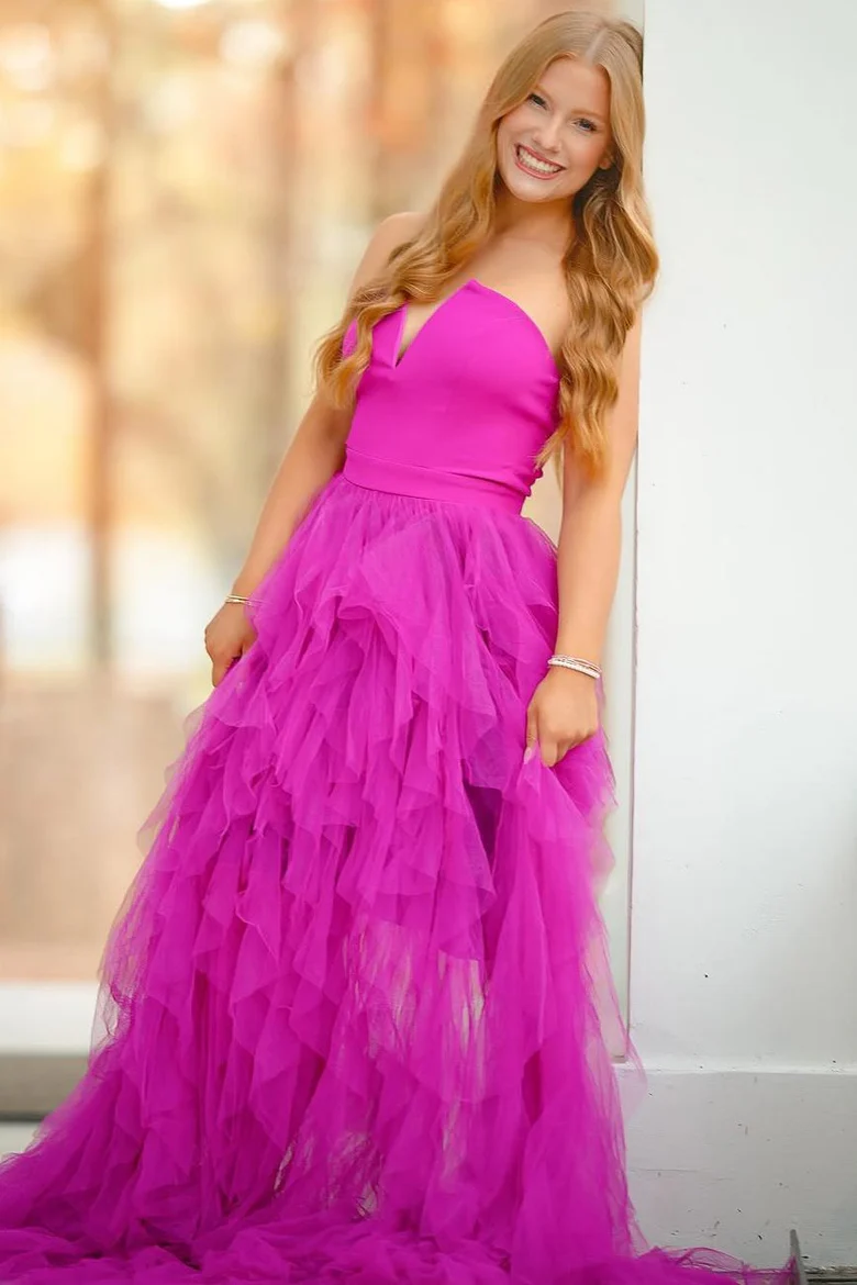 Hot Pink Tulle A-line Evening Dresses, 2025 Newest Long Prom Dresses, Strapless Wedding Guest Dresses