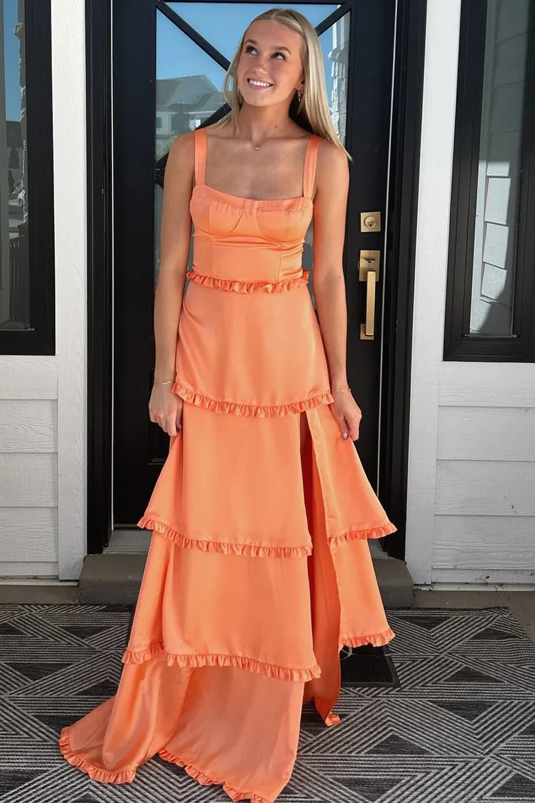 A-line Straps Scoop Layered Newest Long Prom Dresses, 2025 Elegant Wedding Bridesmaid Dresses