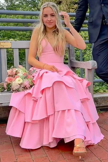 A-line Tiered Newest Long Prom Dresses, Straps Puffy Girl Party Dresses, Pink Bridesmaid Dresses