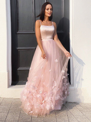 A-line Straps Newest Long Prom Dresses, Elegant Appliques Party Dresses, Wedding Dresses