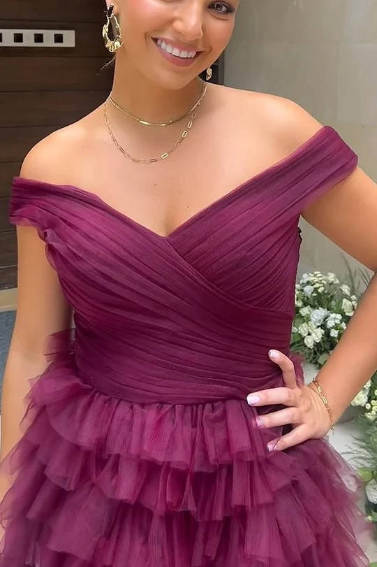A-line Off Shoulder Tulle Prom Dresses, V-neck Ruffles Newest Long Prom Dresses