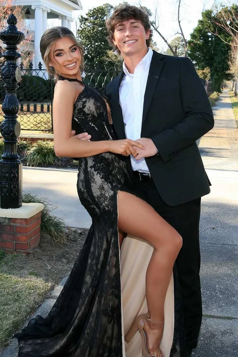 Black Lace Newest Long Prom Dresses, Halter Side Slit Mermaid Bridesmaid Dresses