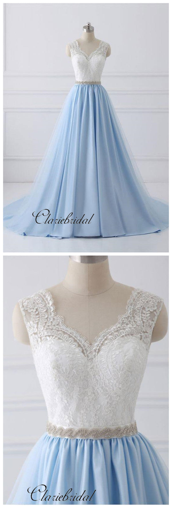 Light Blue Color Lace V-neck Prom Dresses, Long Prom Dresses 2019, A-line Prom Dresses