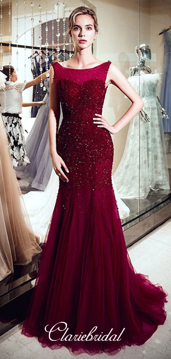 Burgundy Beaded Tulle Long Prom Dresses, Mermaid Newest Prom Dresses