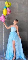 Light Blue Elegant 2020 Long Prom Dresses, Strapless Appliques Prom Dresses