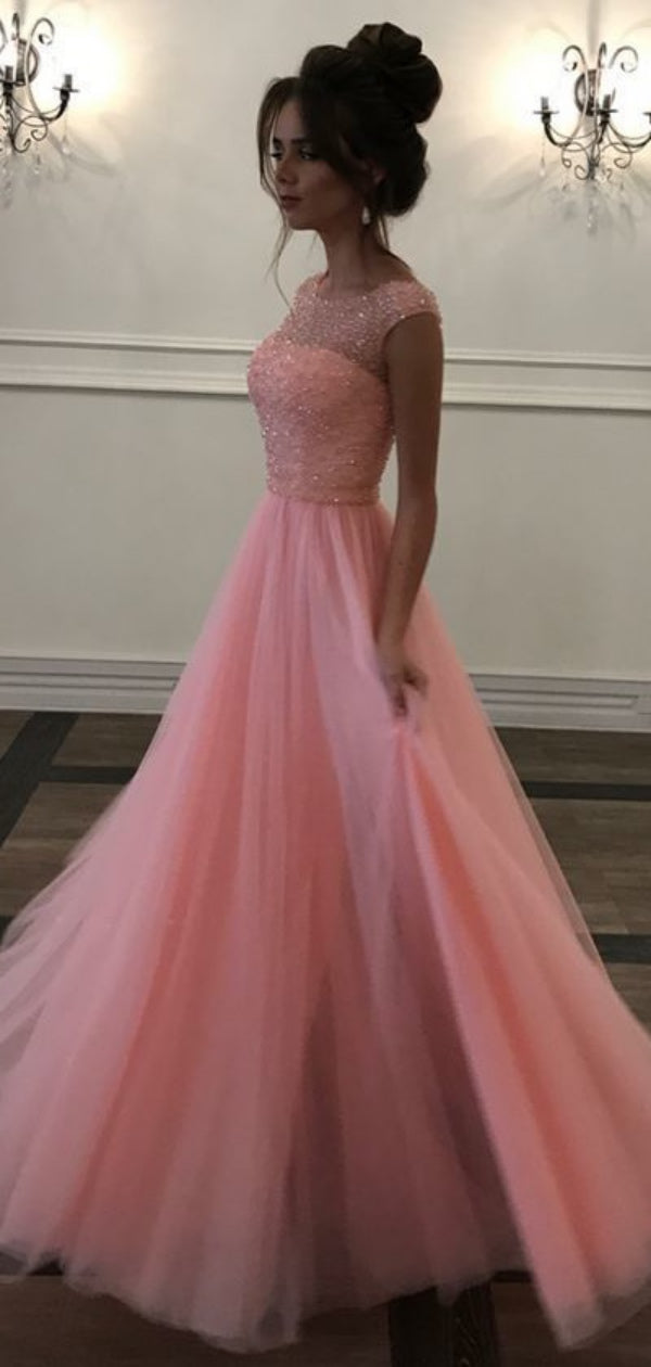 Elegant Beaded Long Prom Dresses, 2020 Prom Dresses, Cap Sleeves Prom Dresses