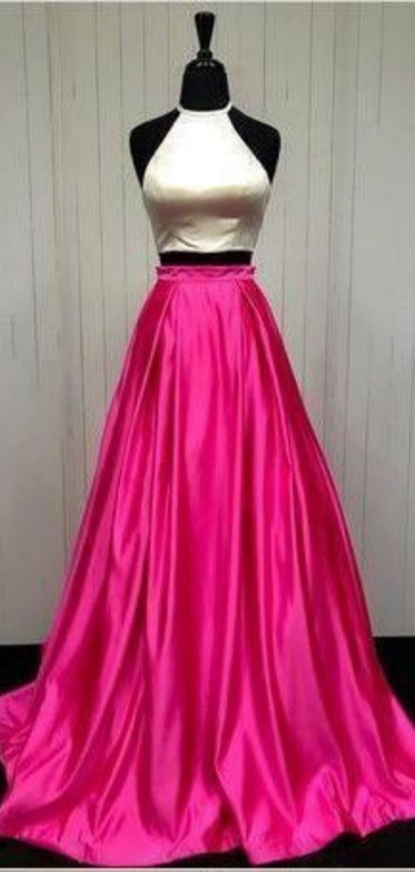 Halter Two Pieces Long Prom Dresses, Simple A-line Prom Dresses, Long Prom Dresses