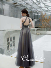 New Claire Design Dark Grey Rhinestone Beaded Long Prom Dresses, Chic Prom Dresses