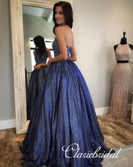 Halter Navy Shemmering Fabric Long A-line Prom Dresses, Shiny Prom Dresses, Popular Prom Dresses