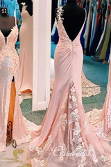 Blush Pink Jersey Appliques Prom Dresses, Mermaid Prom Dresses, Long Prom Dresses