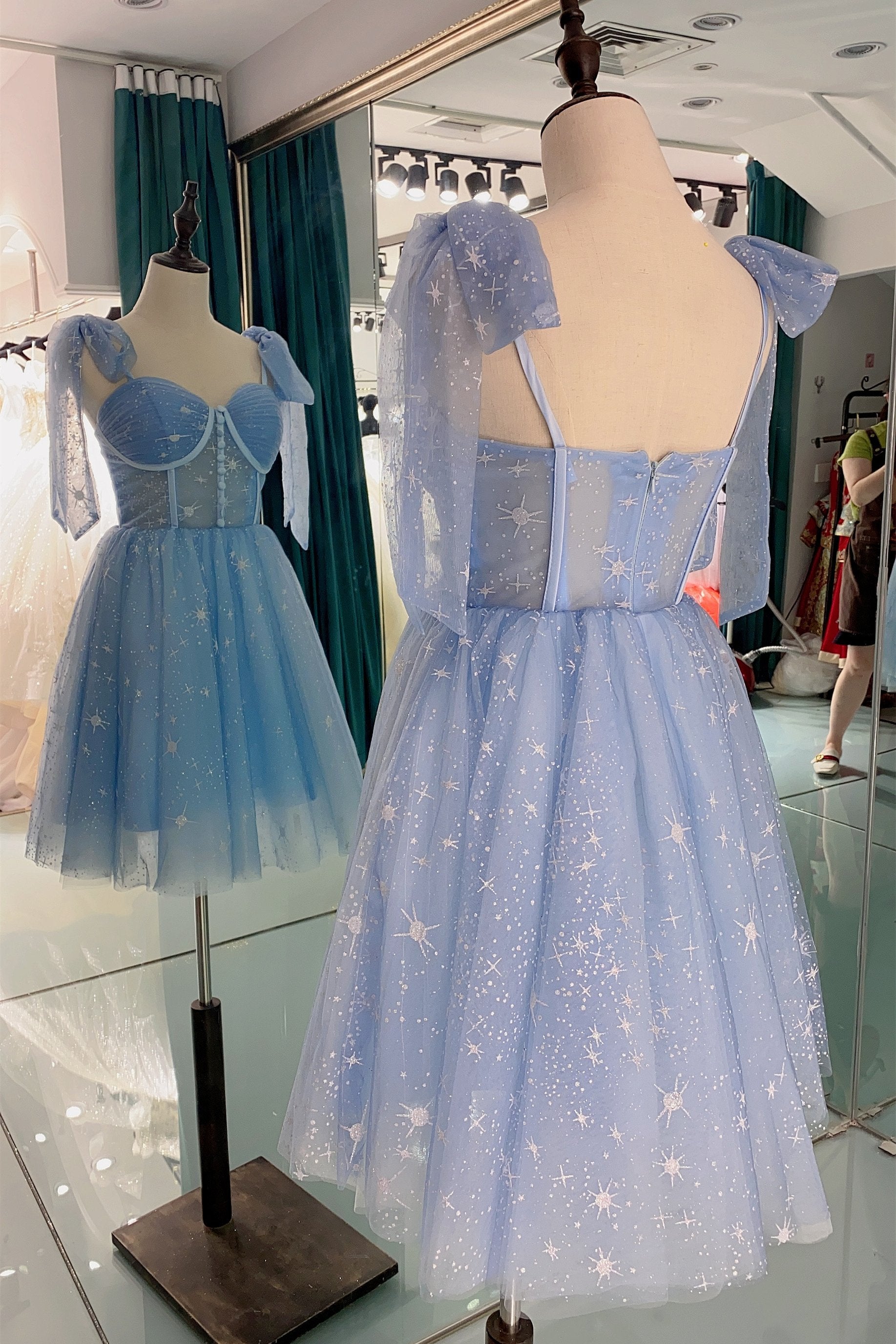 Lovely Midi Prom Dresses, Sky Blue Stars Prom Dresses 2021, Short Homecoming Dresses