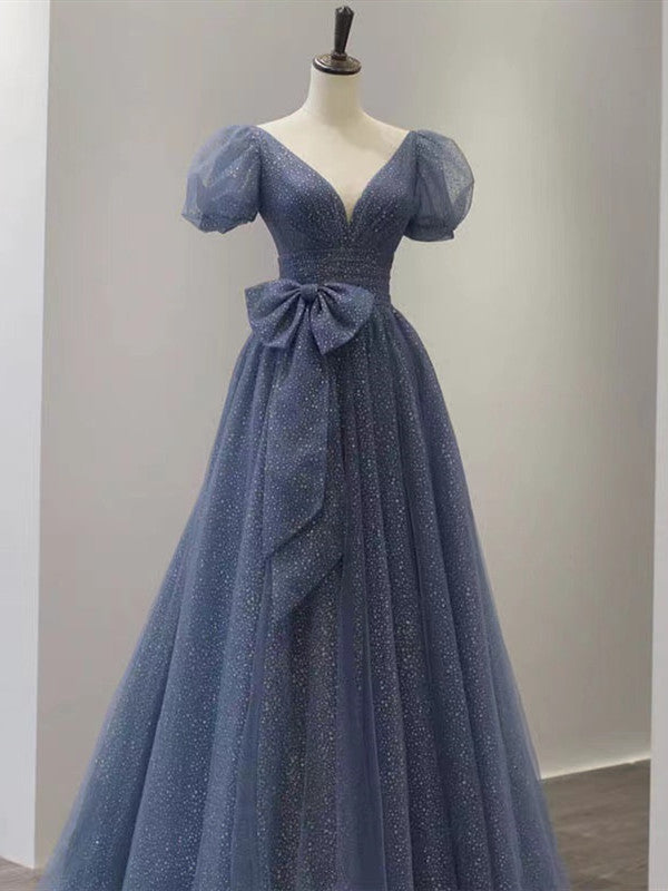 Bubble Sleeves A-line Prom Dresses, Princess Newest Evening Party Dresses, Elegant 2022 Long Prom Dresses