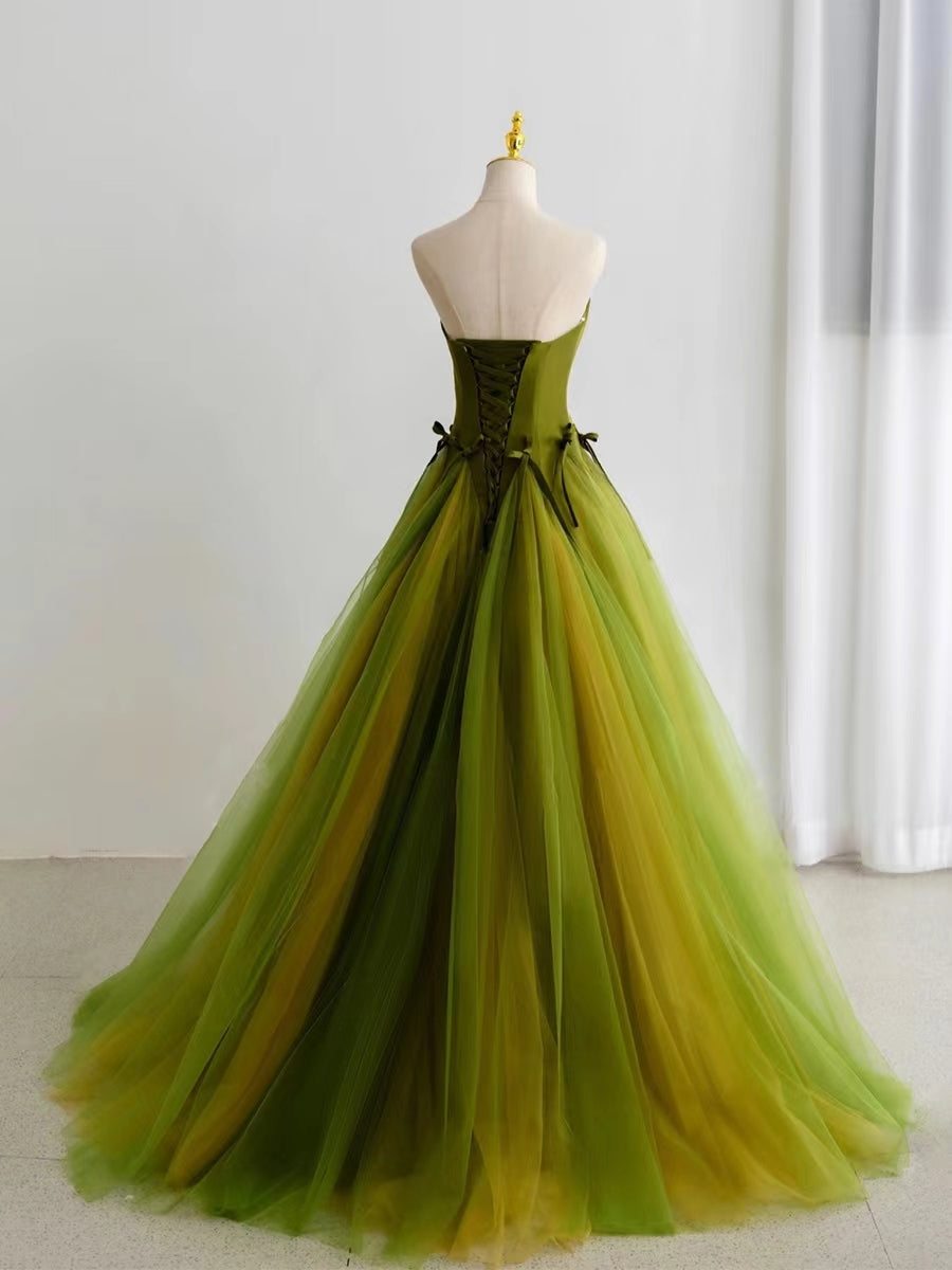 Lovely Avocado Green Satin Tulle Prom Dresses, Party Dresses, Formal Gown, Long Prom Dresses, 2022 A-line Prom Dresses