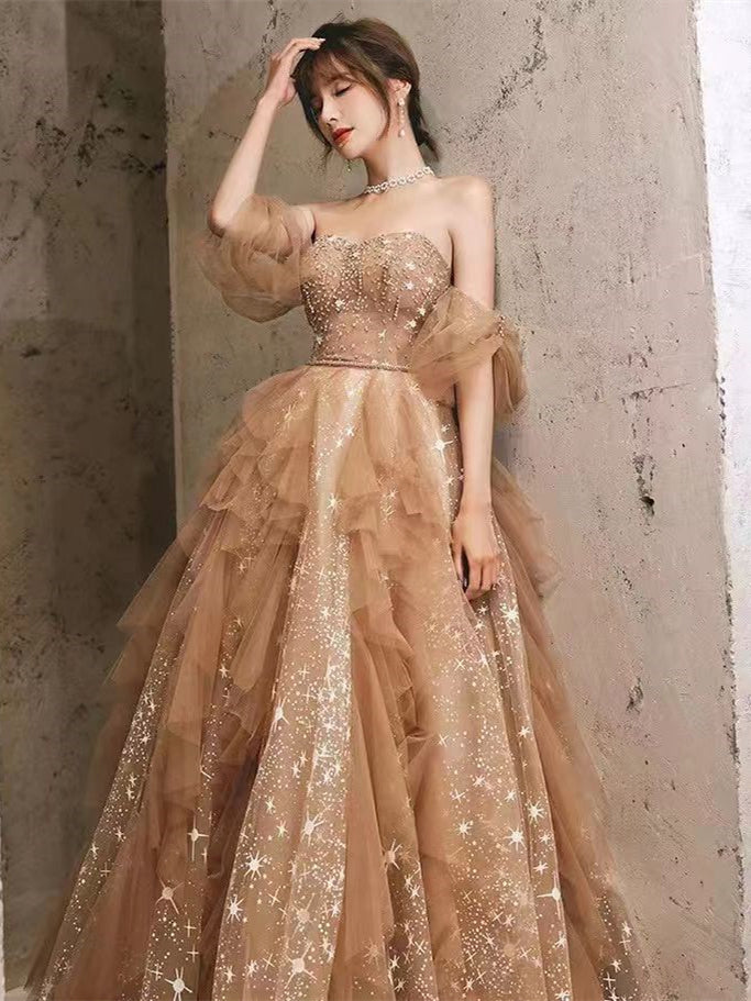 Lovely Dark Champagne Star Gliter Prom Dresses, Newest Prom Dresses, A-line Prom Dresses