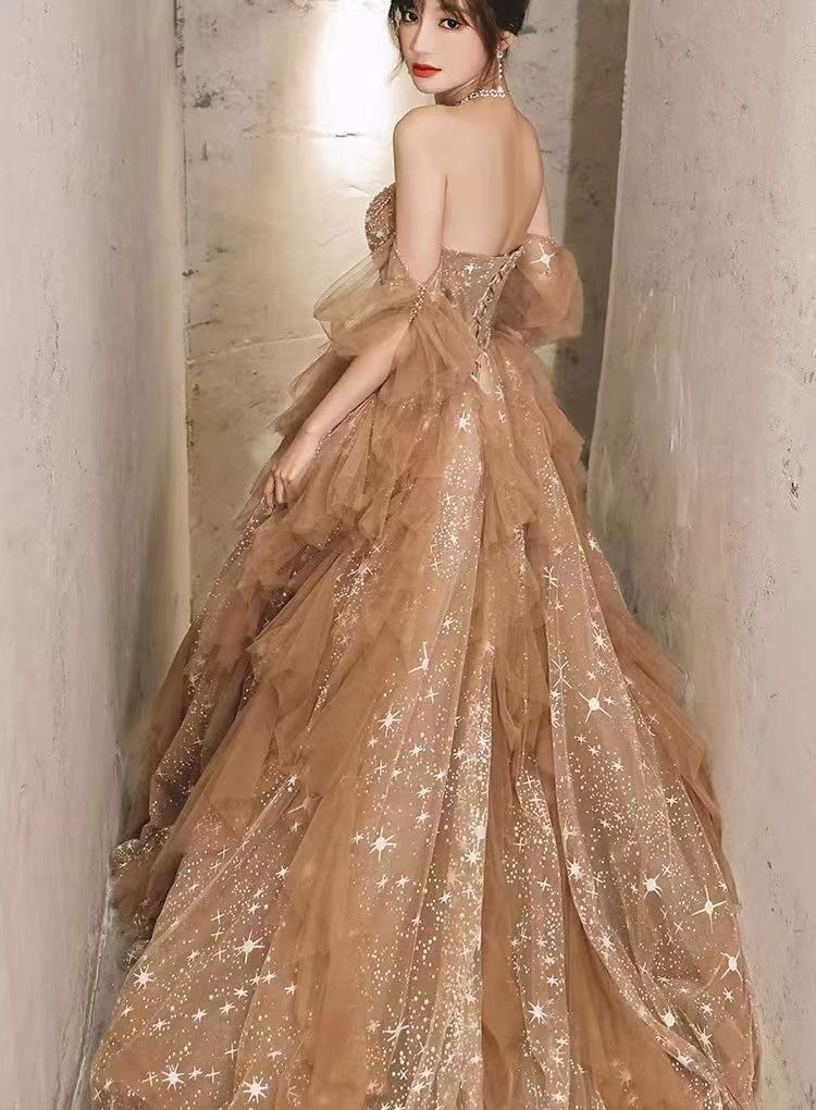 Lovely Dark Champagne Star Gliter Prom Dresses, Newest Prom Dresses, A-line Prom Dresses