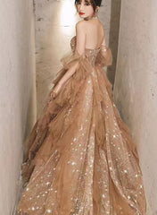 Lovely Dark Champagne Star Gliter Prom Dresses, Newest Prom Dresses, A-line Prom Dresses
