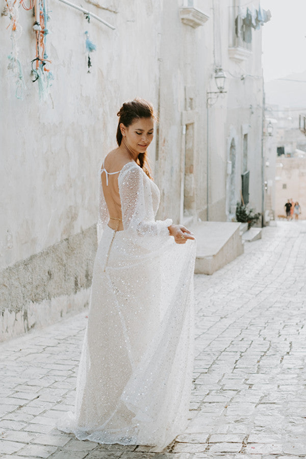 Long Sleeves Sequins Beaded Wedding Dresses, Simple Bridal Dresses, Newest 2023 Long Prom Dresses