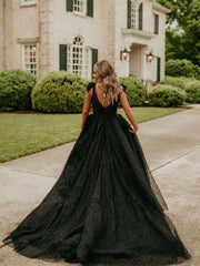 Deep V-neck Black Sequin Tulle Prom Dresses, A-line Girls' Party Dresses, Graduation Party Dresses, 2023 Prom Dresses