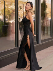 Lace Top Spaghetti Straps Newest Long Prom Dresses, Side Slit Evening Party Prom Dresses