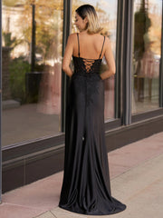 Lace Top Spaghetti Straps Newest Long Prom Dresses, Side Slit Evening Party Prom Dresses