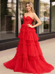 A-line Luxury Red Color Wedding Dresses, Strapless Newest Long Prom Dresses