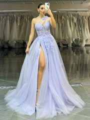 A-line Girl Graduation Tulle Party Dresses, Sweetheart Newest Long Prom Dresses, Lace Wedding Guest Dresses