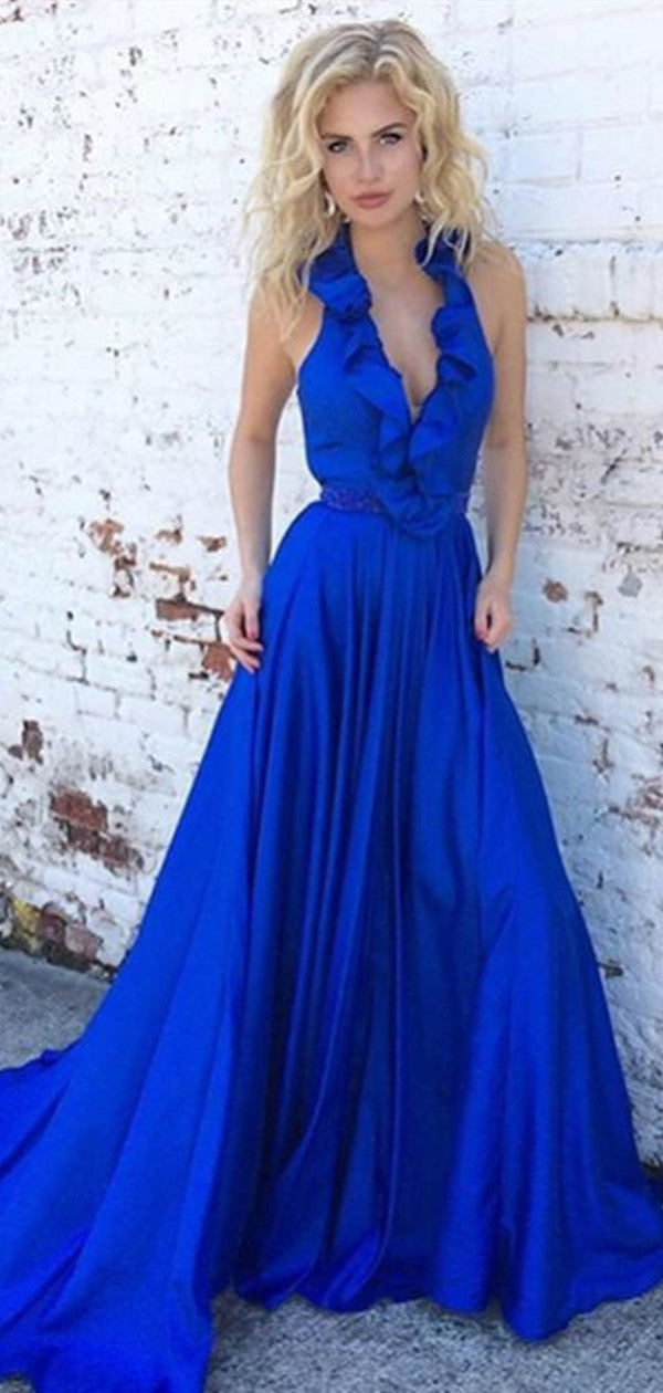 Newest Halter Long Prom Dresses, Royal Blue A-line Popular Prom Dresses