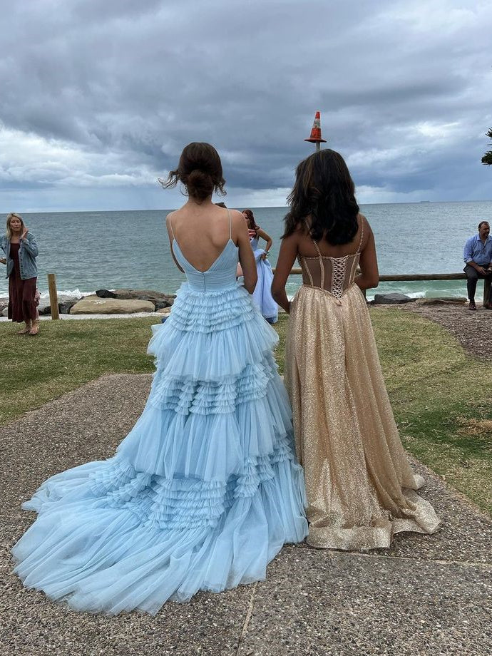 Baby Blue Ruffles Tulle Prom Dresses, A-line Prom Dresses, 2023 Prom Dresses, Affordable Formal Dresses, Evening Dresses