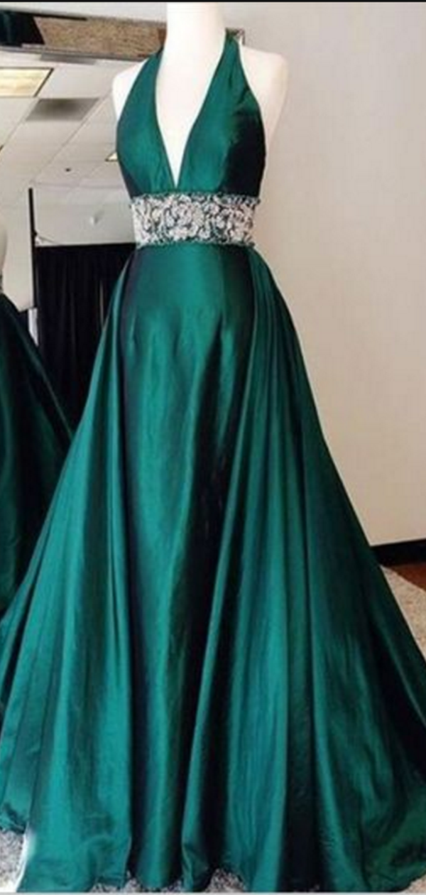 Halter Long Prom Dresses, A-line Prom Dresses, Lace 2020 Prom Dresses