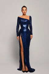 Long Sleeves Sequin Fitted Long Prom Dresses, High Slit Prom Dresses, Wedding Guest Dresses, Long Bridesmaid Dresses