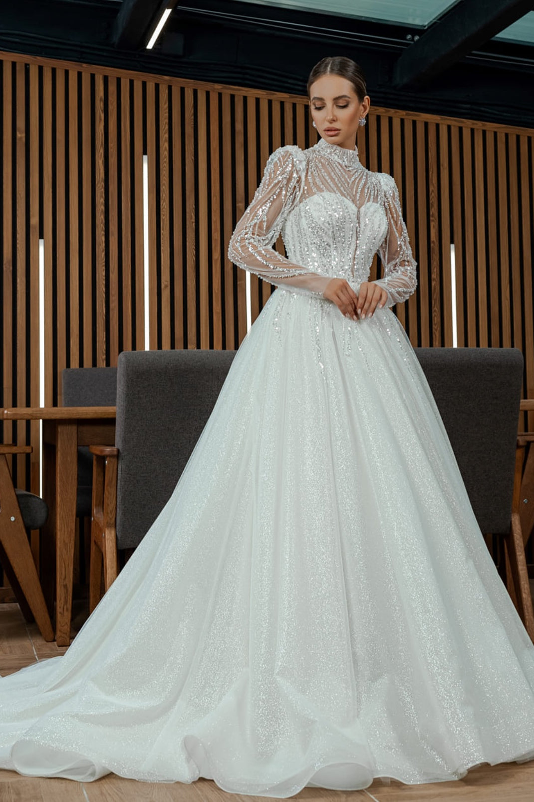 High Neck Sequin Tulle Wedding Dresses, A-line Bridal Gown, Shiny Wedding Dresses