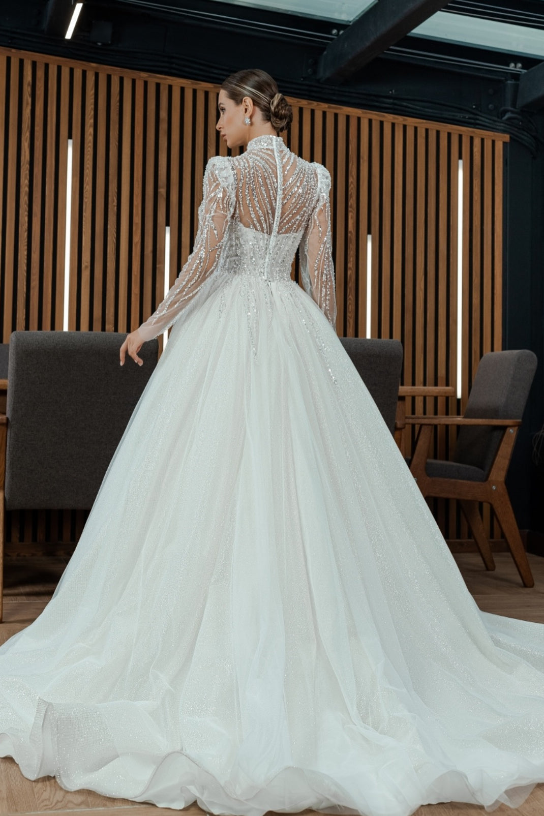 High Neck Sequin Tulle Wedding Dresses, A-line Bridal Gown, Shiny Wedding Dresses