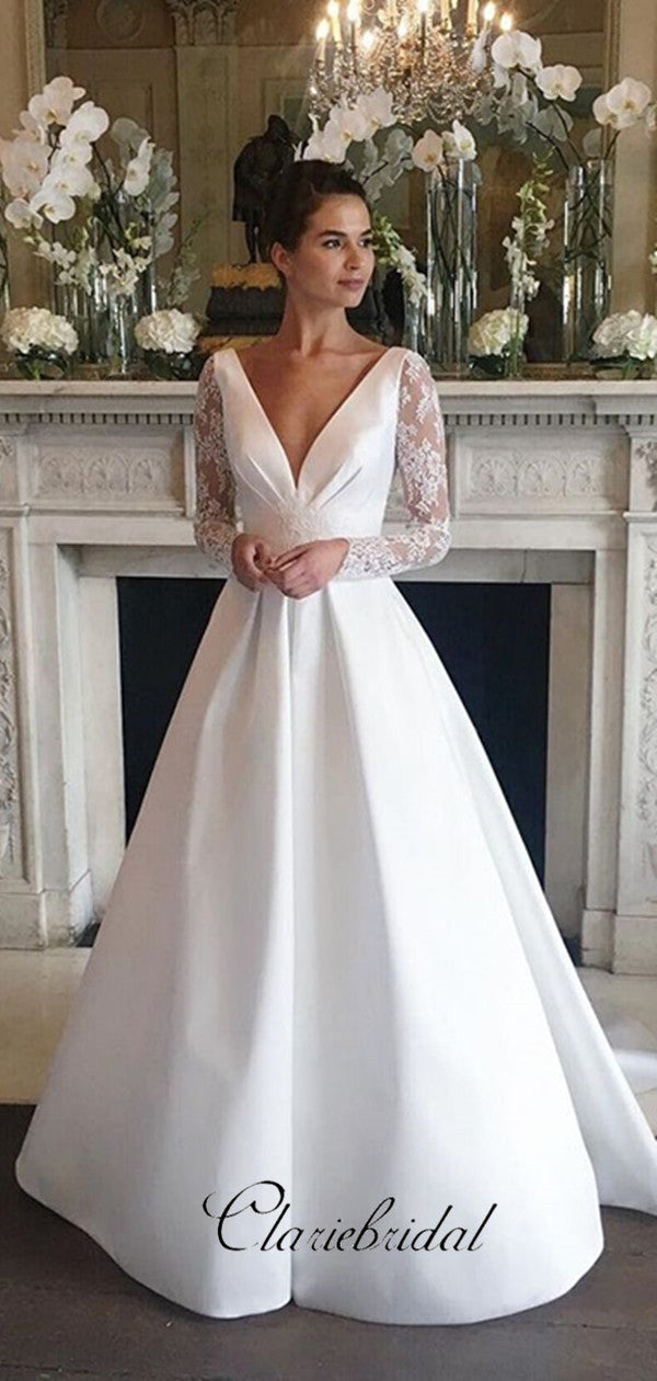Long Sleeves Lace A-line Wedding Dresses, V-neck Stain Lace Wedding Dresses