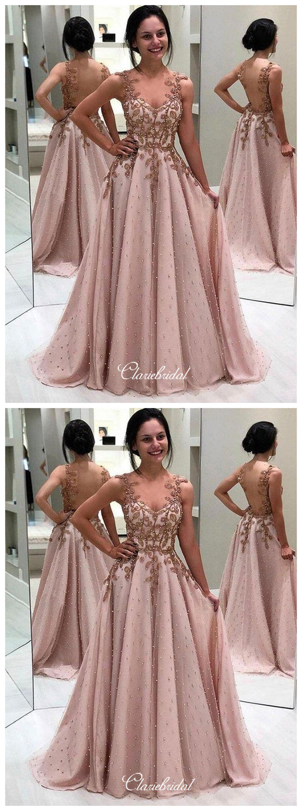 Luxury Beaded Long Prom Dresses, Lace A-line Popular Prom Dresses
