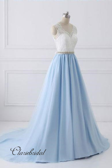 Light Blue Color Lace V-neck Prom Dresses, Long Prom Dresses 2019, A-line Prom Dresses
