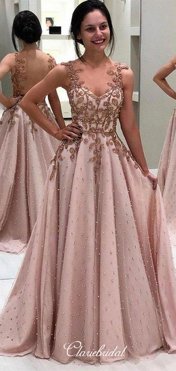 Luxury Beaded Long Prom Dresses, Lace A-line Popular Prom Dresses
