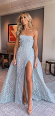 Luxury Strapless Long Prom Dresses, Unique Prom Dresses, Slit 2020 Newest Prom Dresses