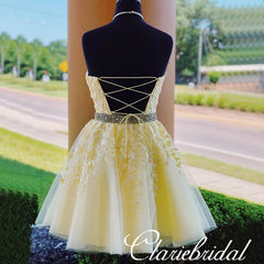 Lovely Yellow Lace Beaded Short Prom Dresses, Popular Homecoming Dresses