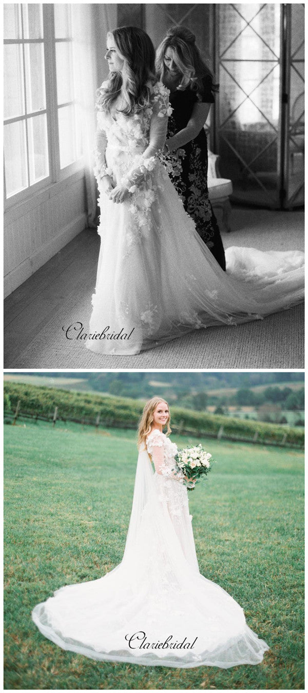 Long Sleeves A-line Wedding Dresses, Graceful Appliques Fashion Wedding Dresses