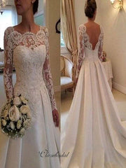 Long Sleeves Lace Wedding Dresses, A-line Satin Wedding Dresses