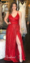 High Slit Sequins Long Prom Dresses, Simple Prom Dresses, 2020 Prom Dresses