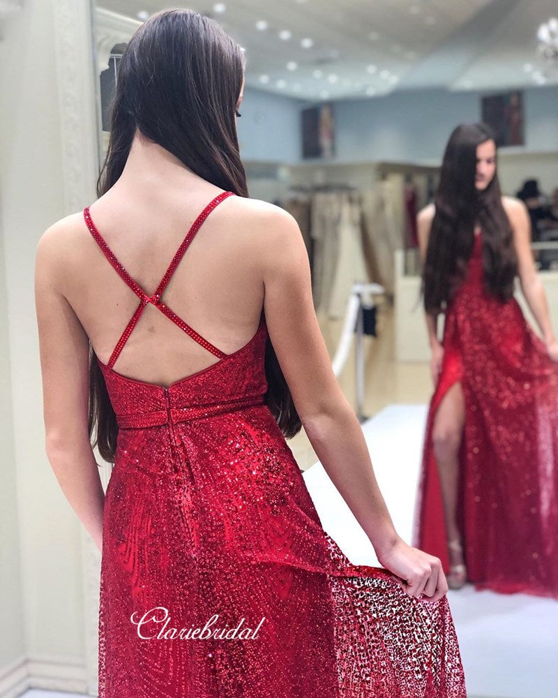High Slit Sequins Long Prom Dresses, Simple Prom Dresses, 2020 Prom Dresses