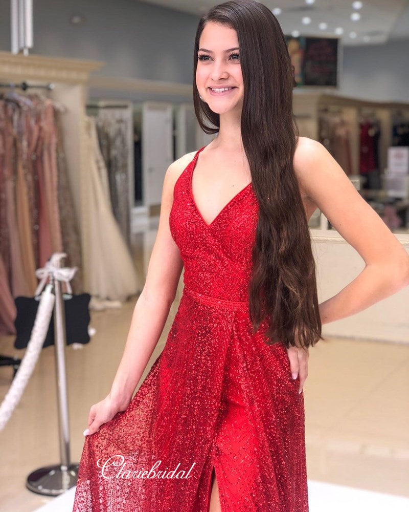 High Slit Sequins Long Prom Dresses, Simple Prom Dresses, 2020 Prom Dresses