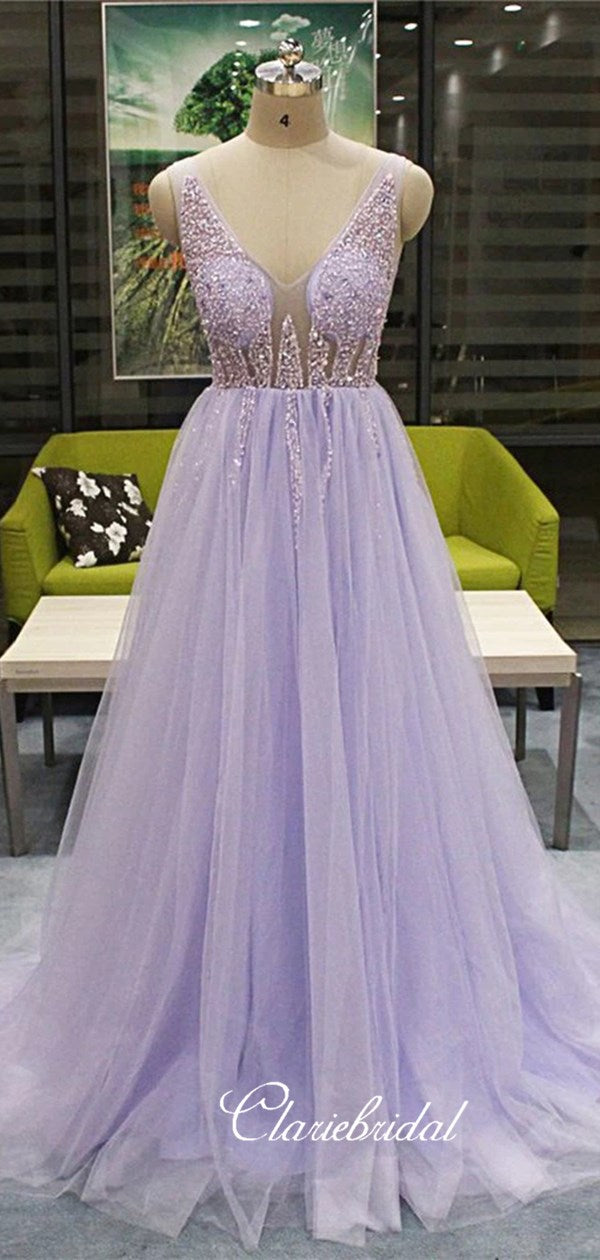 Elegant A-line Beaded Long Prom Dresses, Newest 2020 Prom Dresses, Prom Dresses