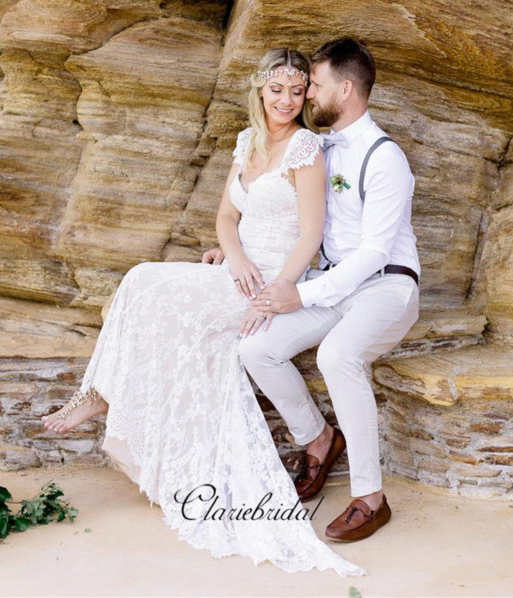 New Trendy Beach Wedding Dresses, Fashion Lace Open Back Wedding Dresses