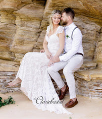 New Trendy Beach Wedding Dresses, Fashion Lace Open Back Wedding Dresses