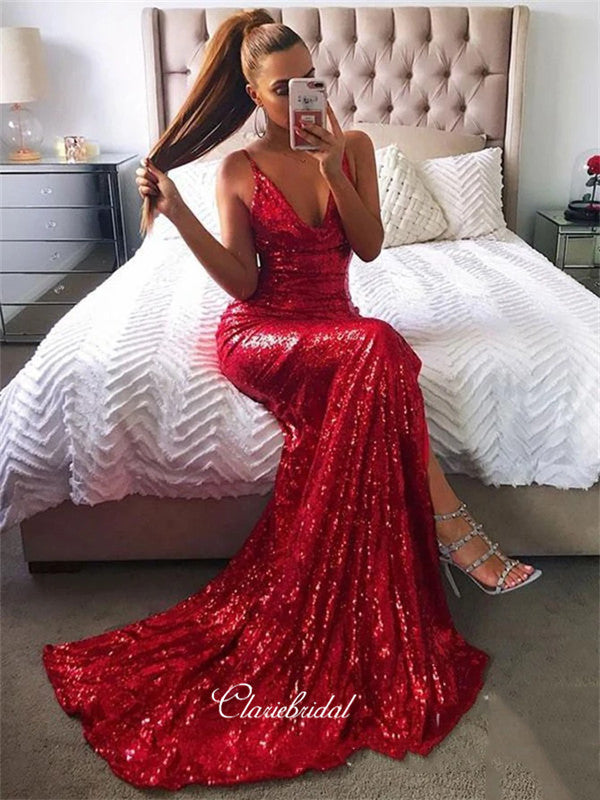 Deep V-neck Sexy Long Prom Dresses, Sequins Mermaid 2020 Newest Prom Dresses