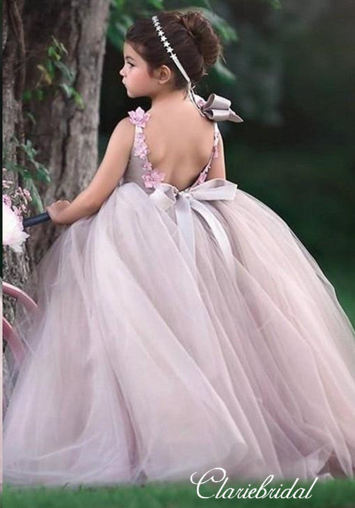 Lovely Long Tulle Satin Appliques Beaded Flower Girl Dresses