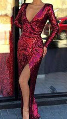 Burgundy Sequin Long Sheath Prom Dresses, High Side Slit Prom Dresses, Prom Dresses