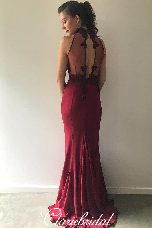 High Neck Maroon Lace Jersey Mermaid Prom Dresses